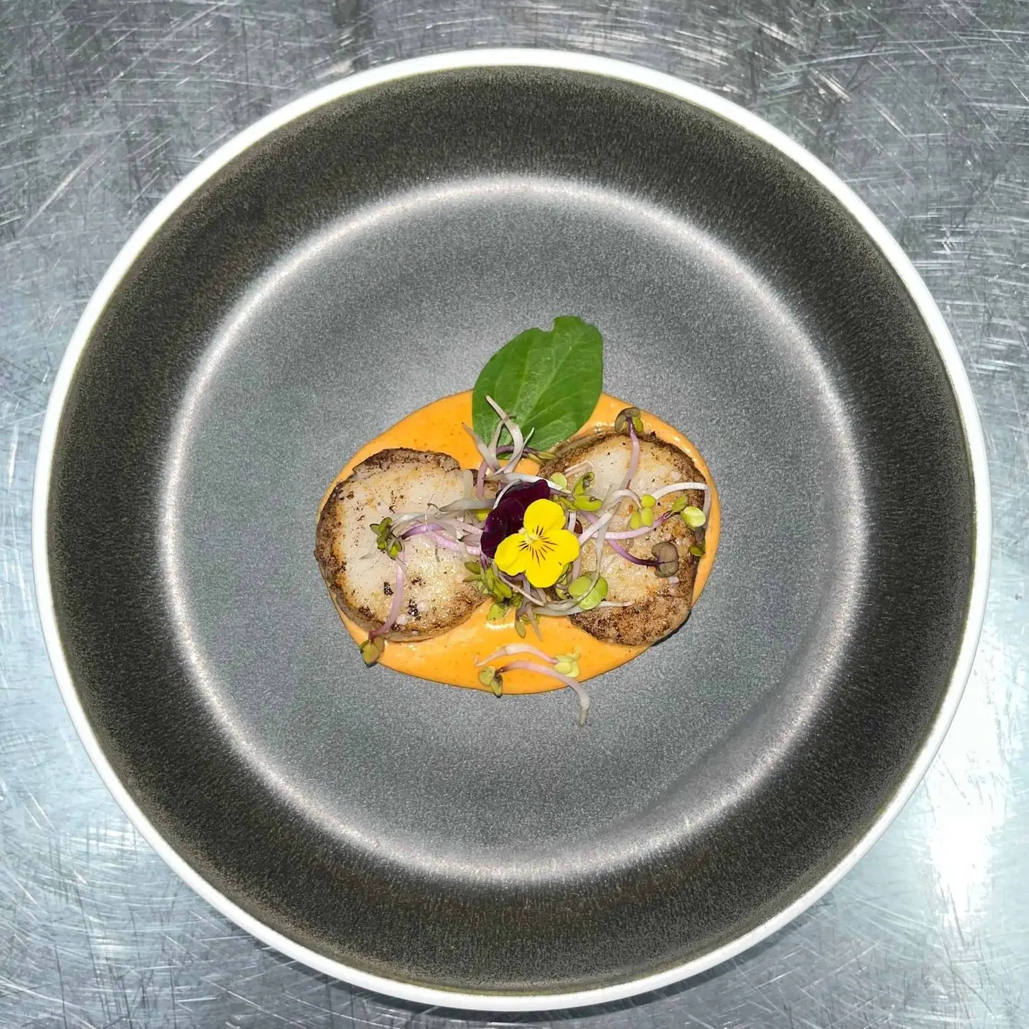 Gourmetanretning serveret i en mørk skål